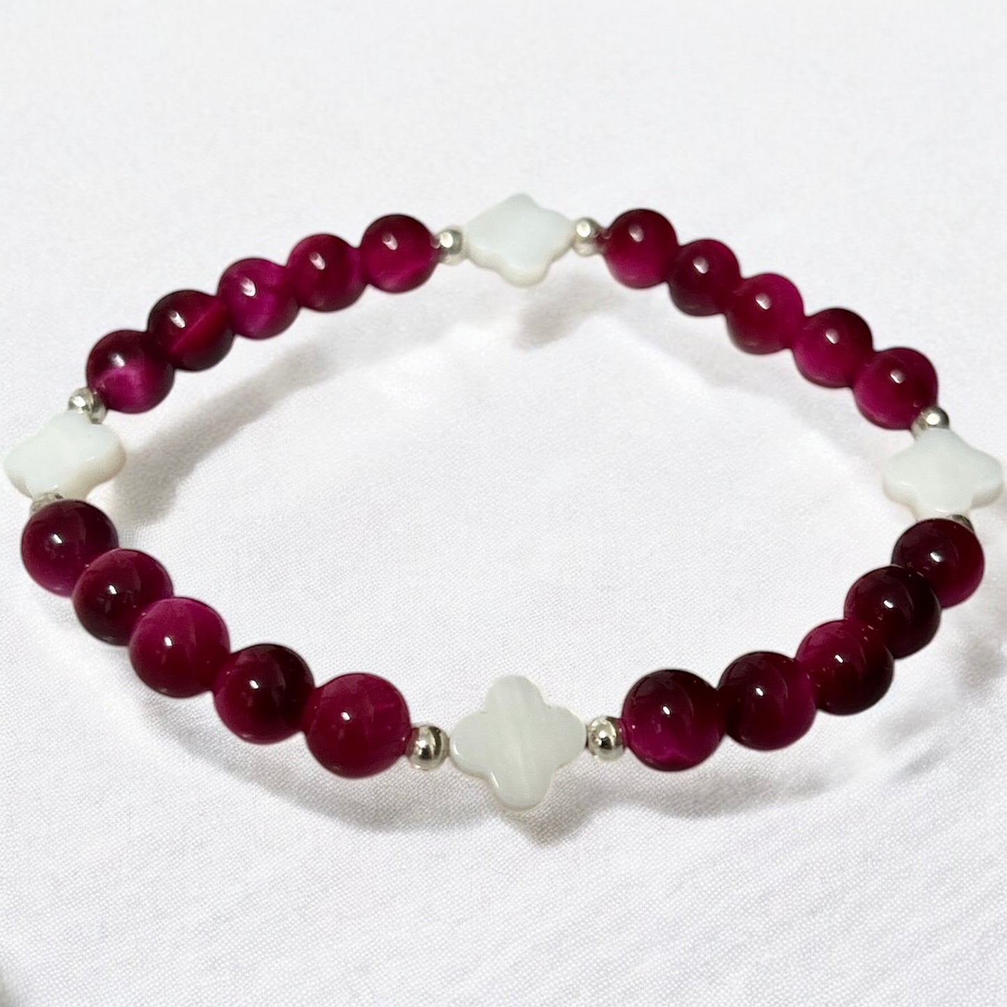 Pink tigers eye & mother of pearl clover bracelet