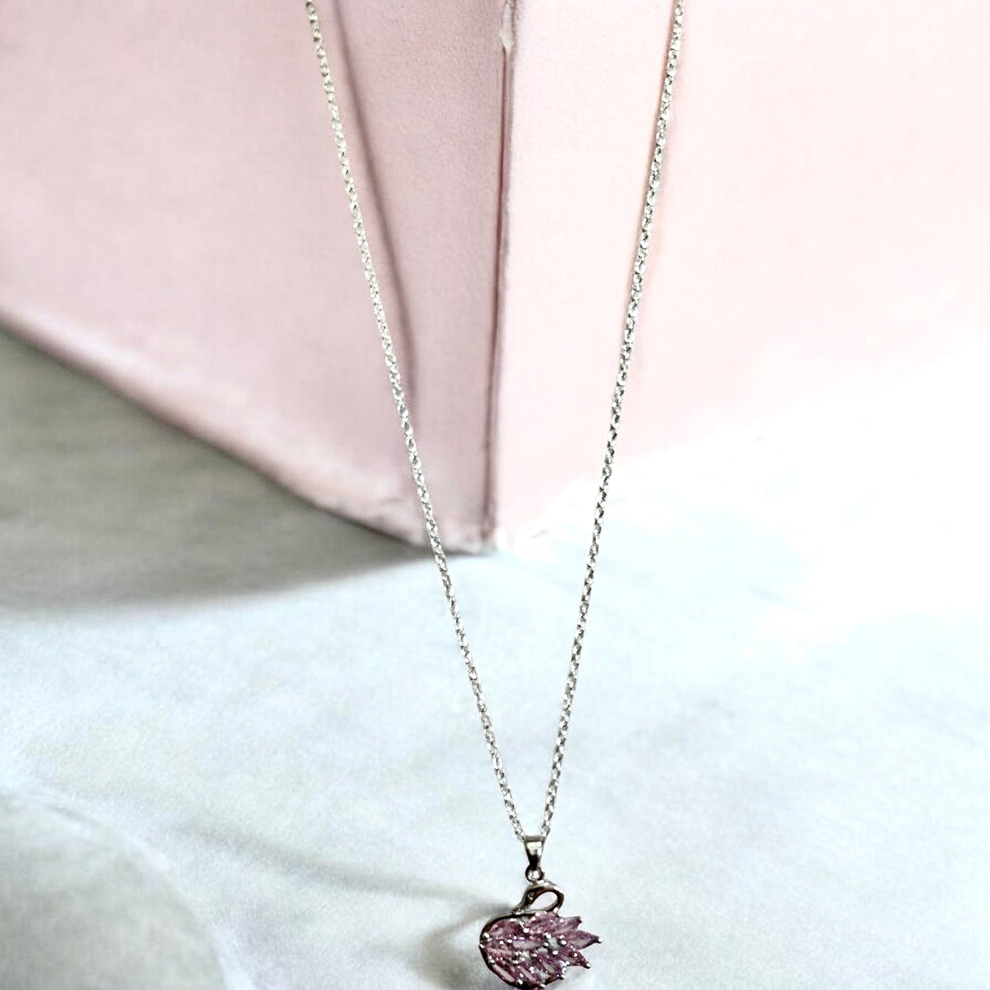 Pink crystal swan & 925 silver necklace