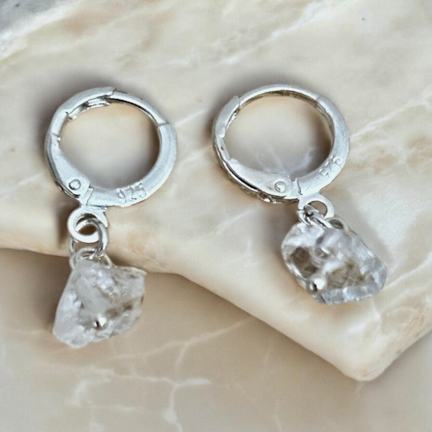 Clear quartz raw crystal & sterling silver huggies