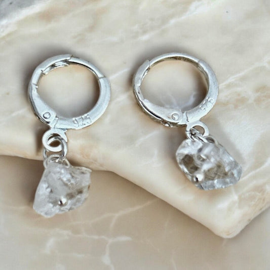 Clear quartz raw crystal & sterling silver huggies