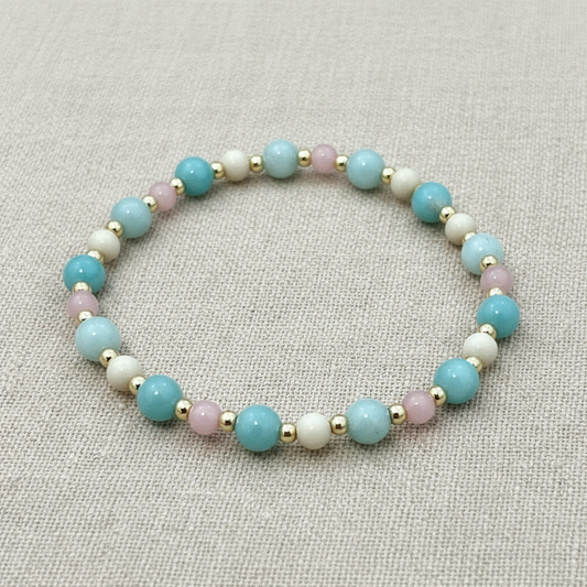Amazonite, cream agate & pink opal beaded bracelet