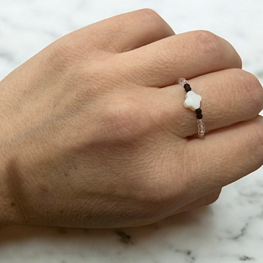 Clear quartz, tourmaline & mother of pearl clover ring