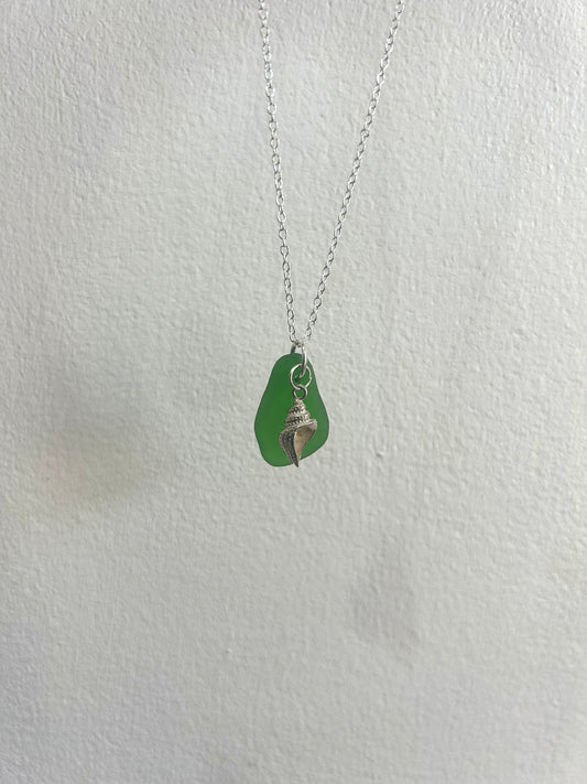 Emerald green sea glass & Sterling silver shell necklace