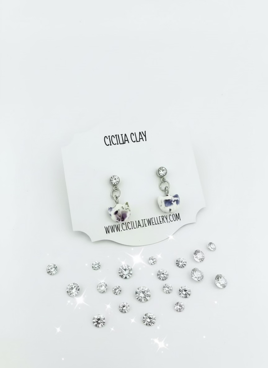 Blue & mauve flower head stud drop earrings