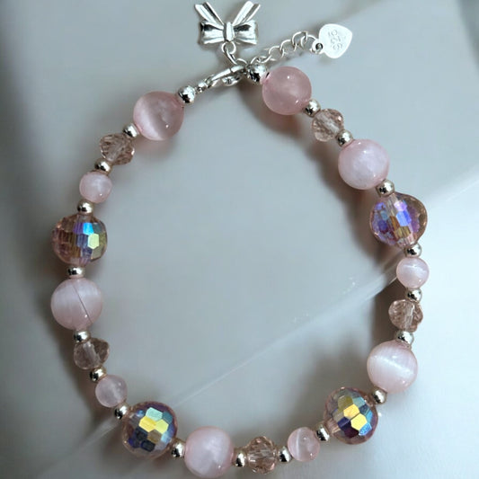Pink selenite & crystal beaded 925 bow bracelet