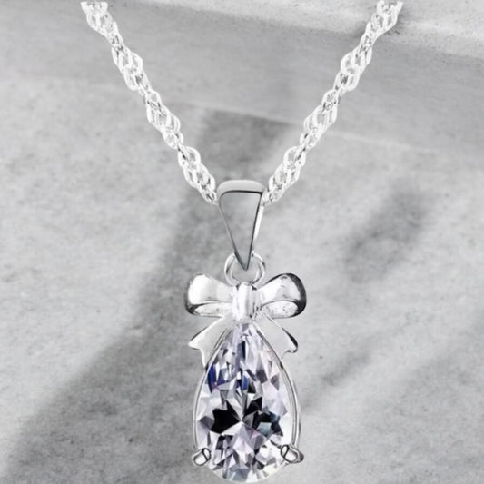 Clear crystal & bow 925 necklace