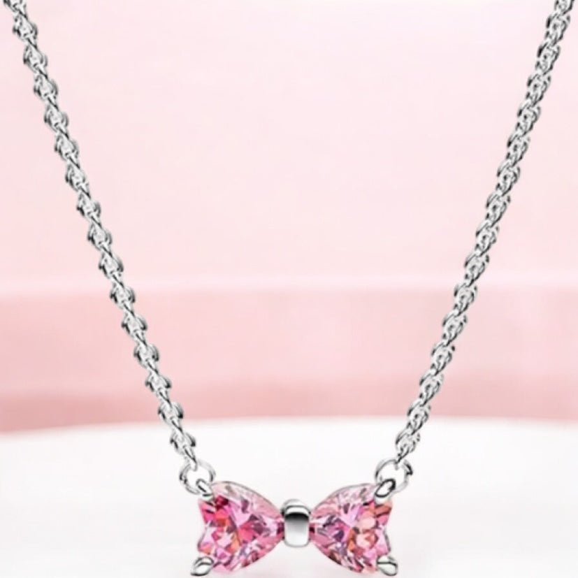 Sterling silver pink bow necklace