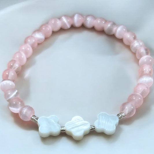 Pink selenite & mother of pearl clover bracelet