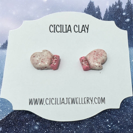 Pink glitter mittens studs