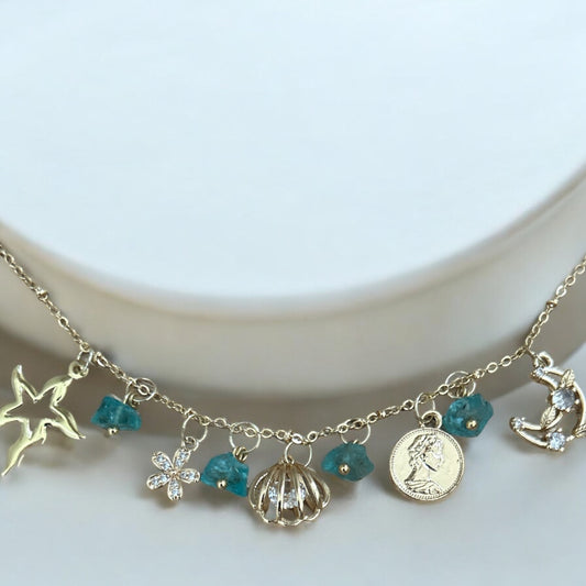 Charm necklace with raw apatite crystal