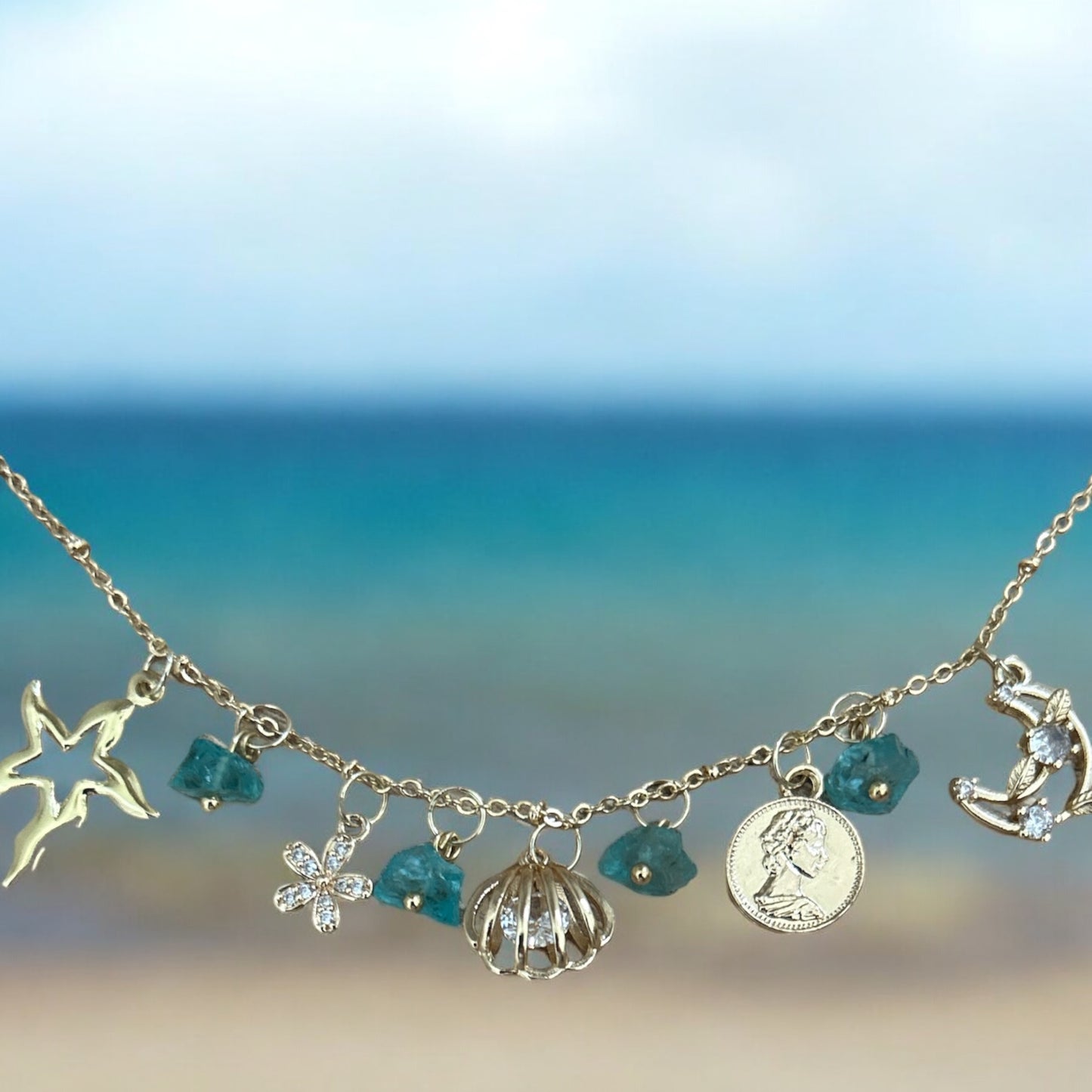 Charm necklace with raw apatite crystal