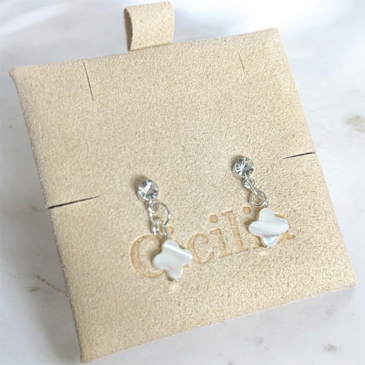 Silver diamanté stud drop mother of pearl clover earrings
