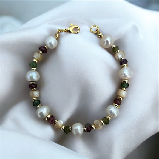 Fresh water pearl & watermelon tourmaline bracelet