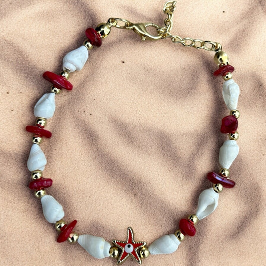 Red coral evil eye shell bracelet