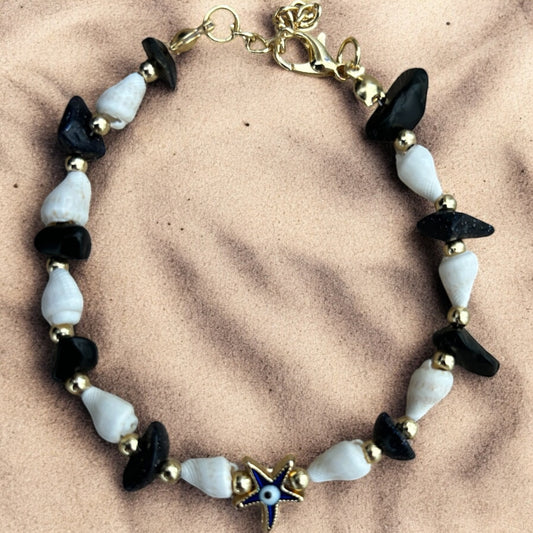 Blue sandstone & shell evil eye bracelet