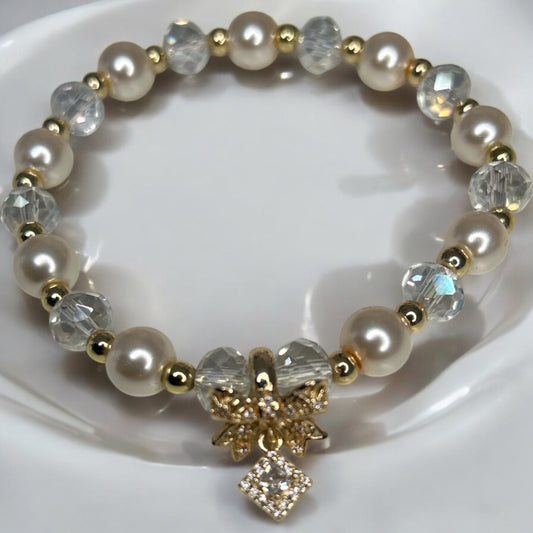 Faux pearl & crystal bow bracelet