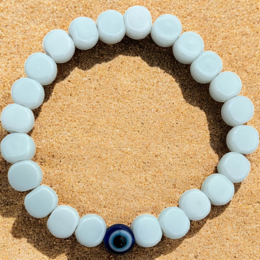 White glass and evil eye beaded bracelet