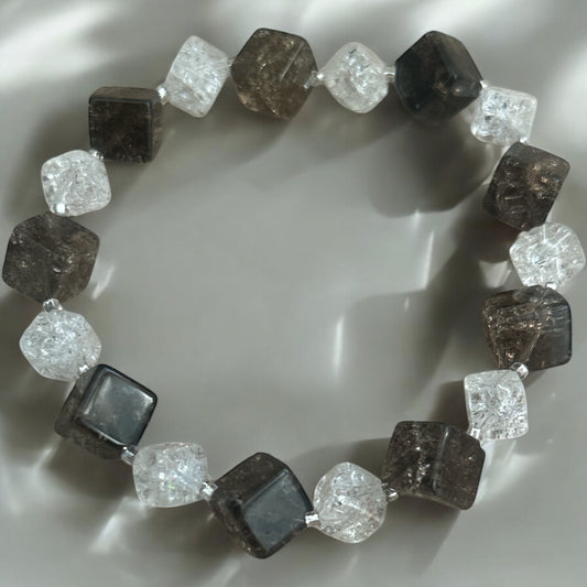 Smokey & clear crackled quartz cube bracelet