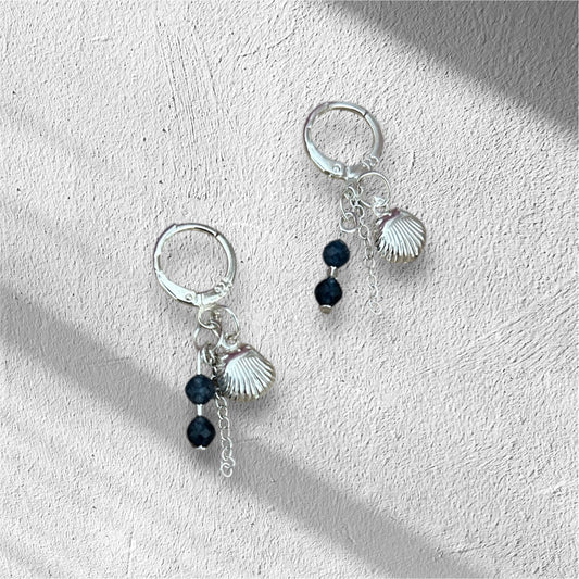 Sapphire & seashell sterling silver huggies