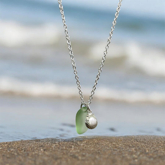 Aqua sea glass & Sterling silver sea shell necklace