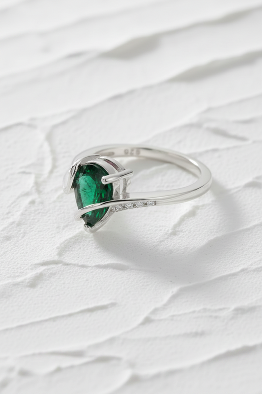 Emerald green water drop gem sterling silver ring