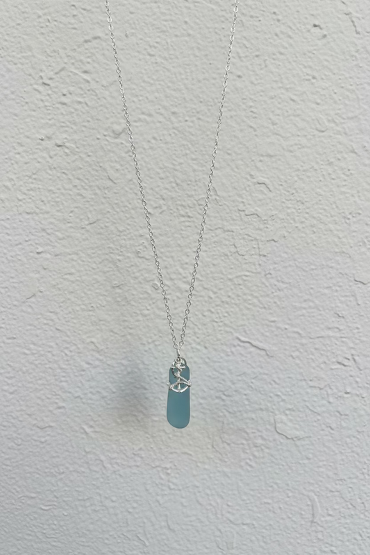Sky blue seaglass sterling silver anchor necklace