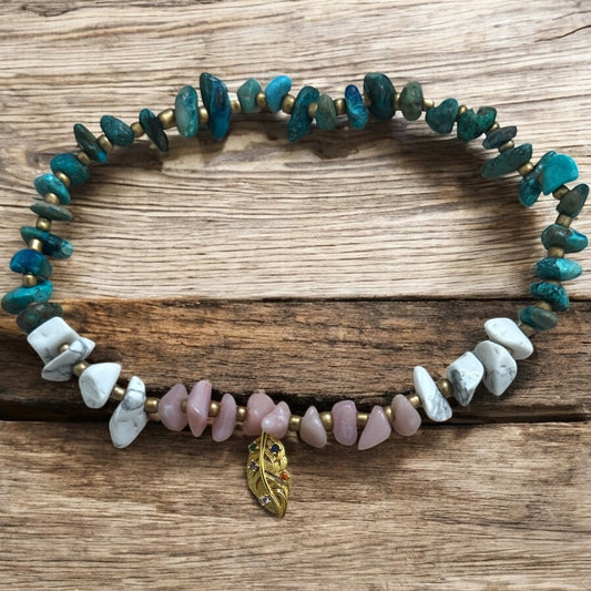Gold gem leaf & crystal chip stretch anklet
