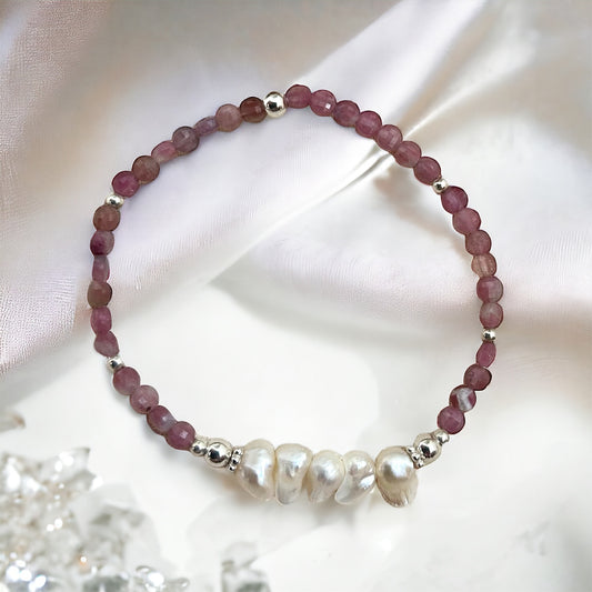 Pink Tourmaline & teardrop pearl beaded bracelet