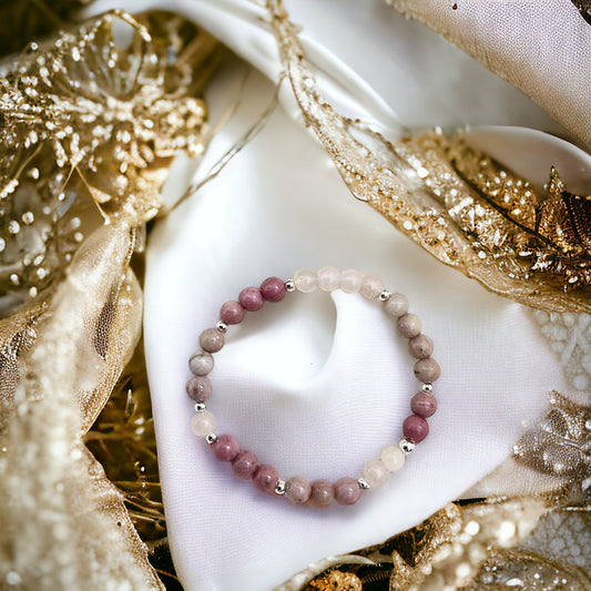 Rhodonite, rose quartz and 925 silver beaded bracelet