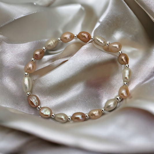 Peach, Pink and White fresh water pearl bracelet