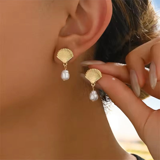Seashell & pearl stud drop earrings