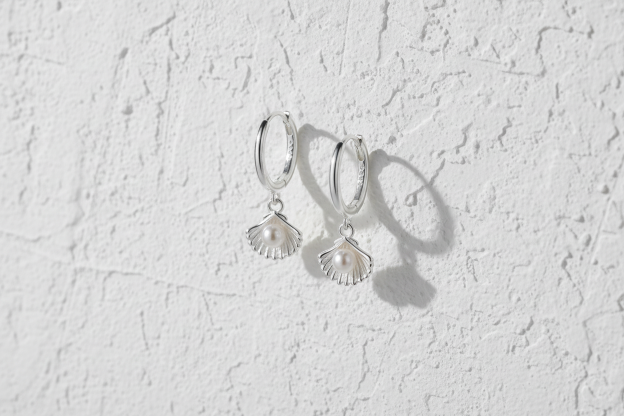 Sterling silver shell & pearl huggies