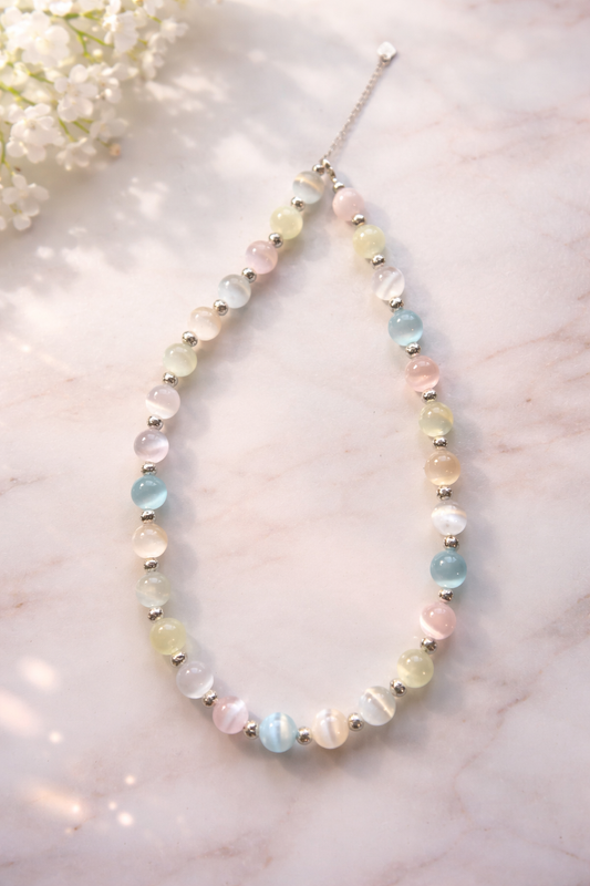Pastel selenite (silver) beaded necklace