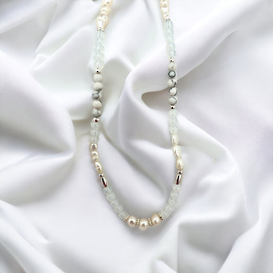 Fresh water pearl, Howlite, Opalite and 925 silver necklace