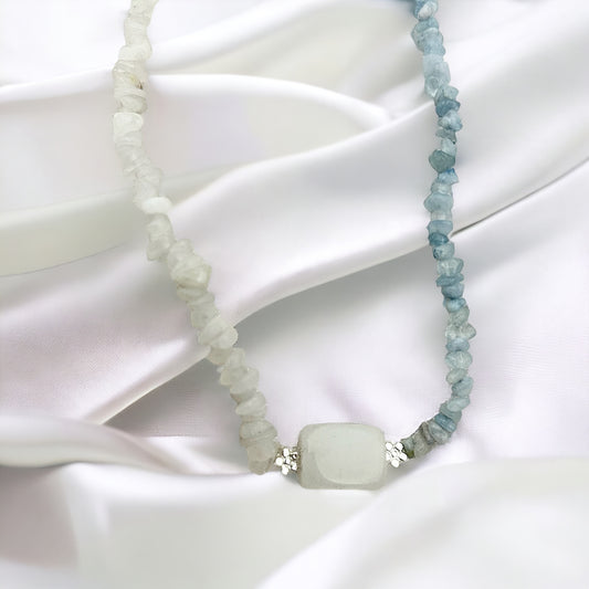 Aquamarine, Moonstone and white Jade necklace.