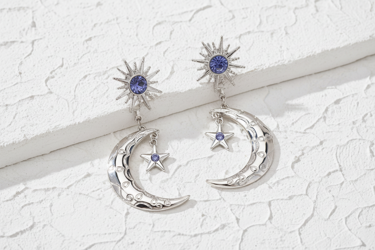 Silver celestial star and moon dangle earrings
