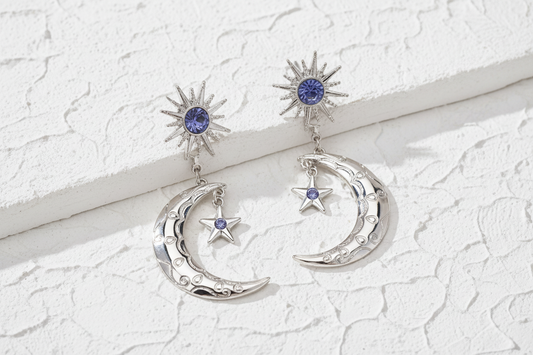 Silver celestial star and moon dangle earrings