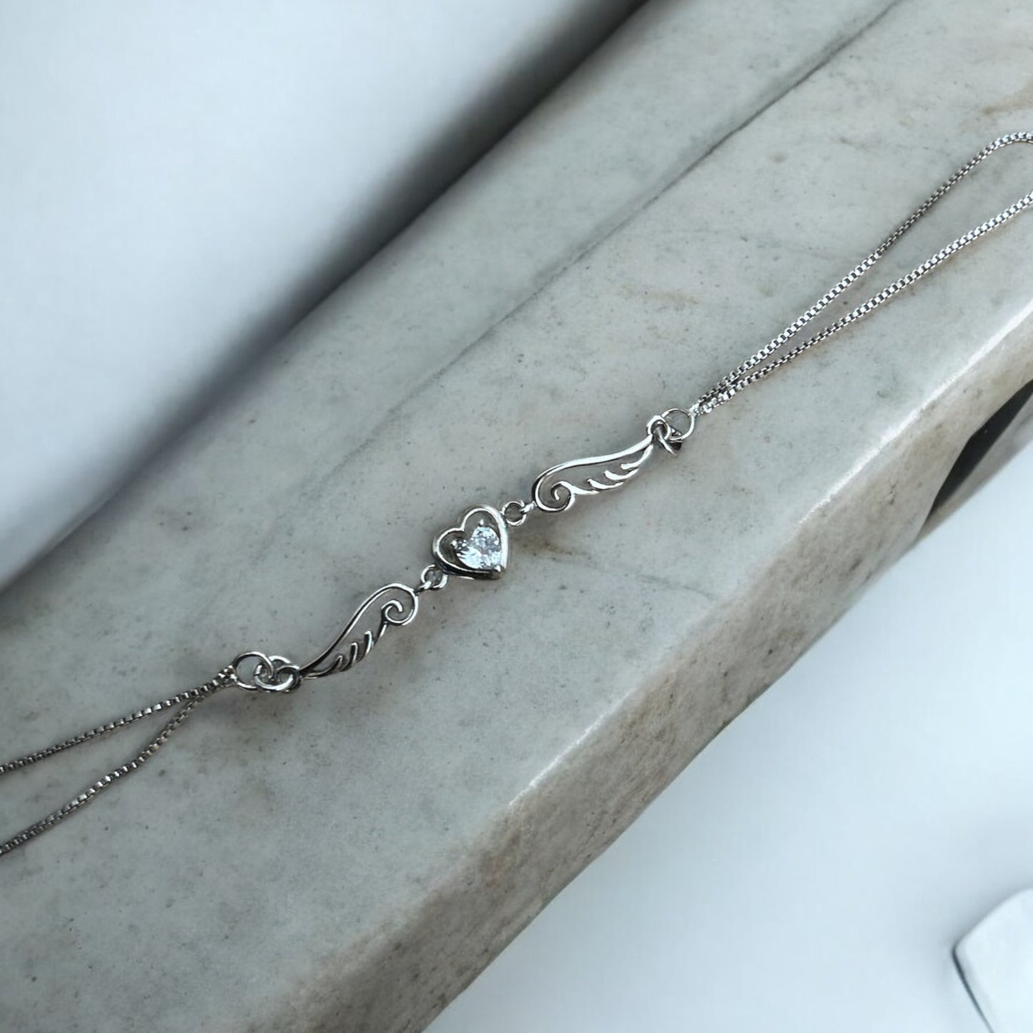 Double layer heart & feather 925 silver bracelet