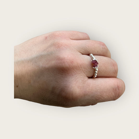 Sterling silver and pink tourmaline beaded ring