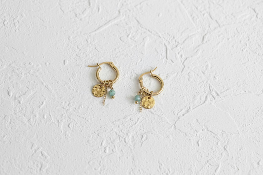 Emerald and gold hammered hoop earrings