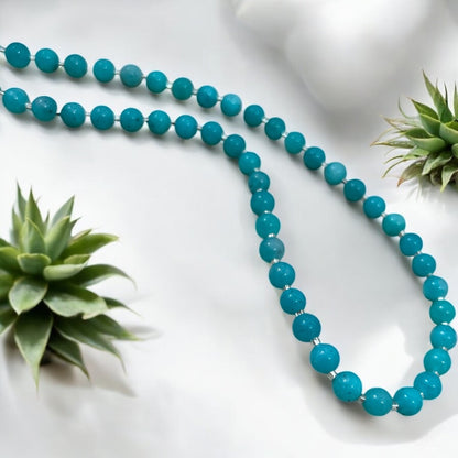 Turquoise beaded necklace on a white surface with green succulents.