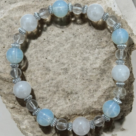Opalite, clear quartz & selenite beaded bracelet