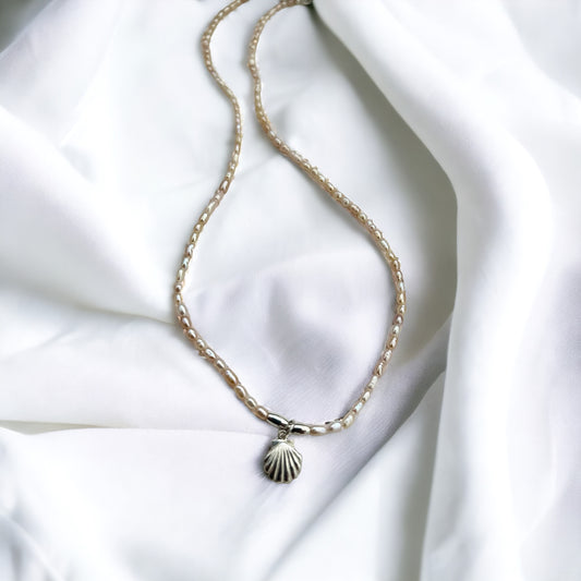 Rice pearl and 925 silver shell beaded necklace