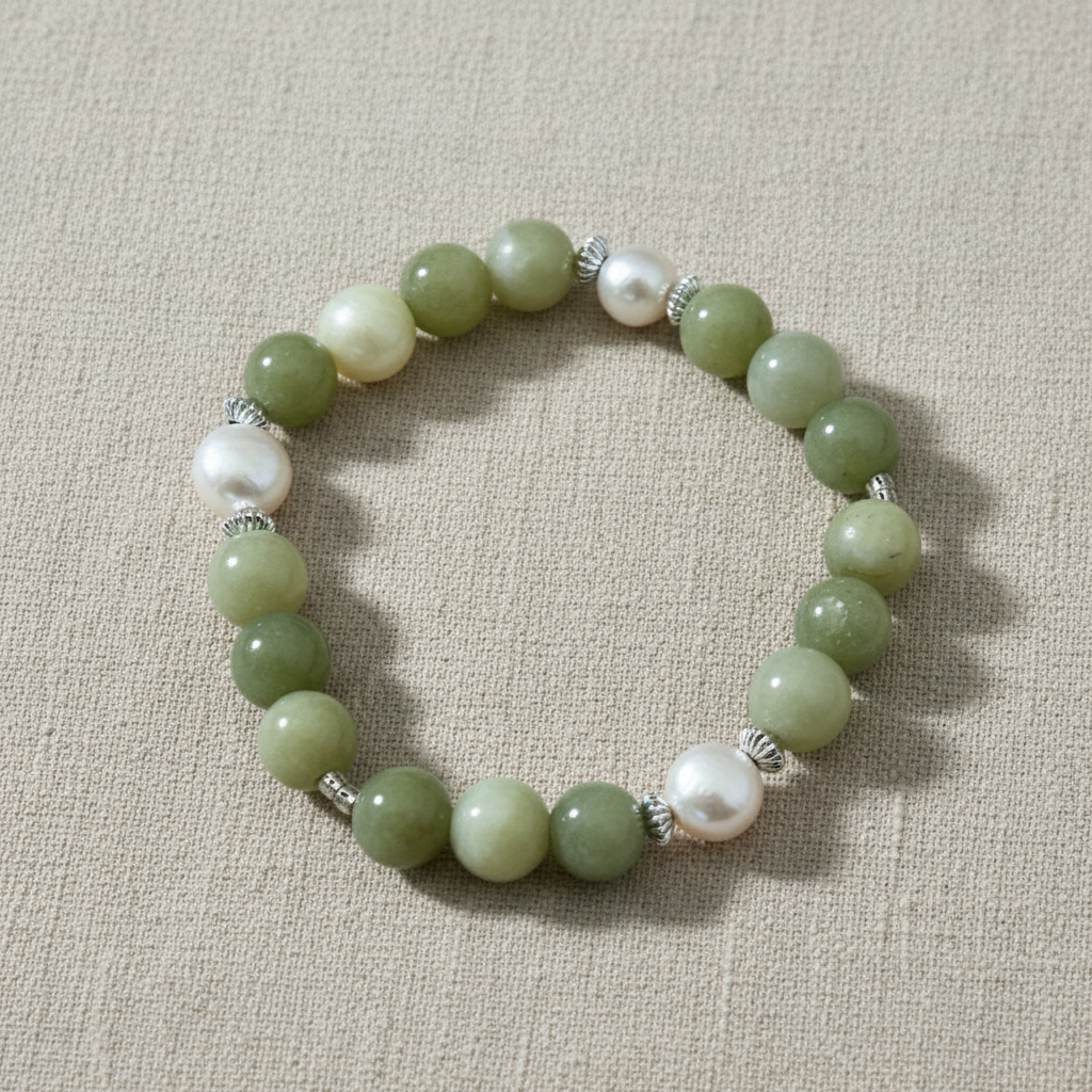 Green beaded bracelet with silver accents on a linen background.