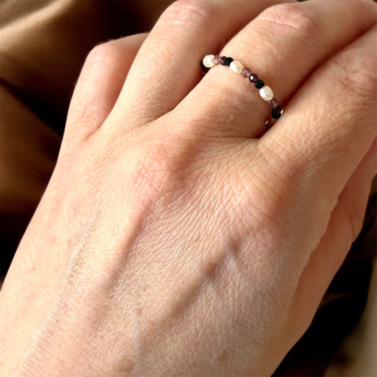 Rice pearl with black tourmaline, lepidolite & amethyst gemstone beaded ring