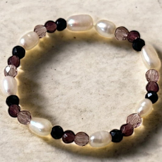 Rice pearl with black tourmaline, lepidolite & amethyst gemstone beaded ring