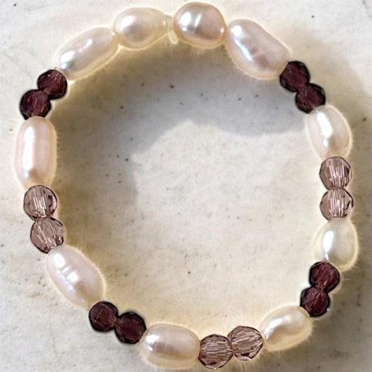 Rice pearl with lepidolite & amethyst gemstone beaded ring