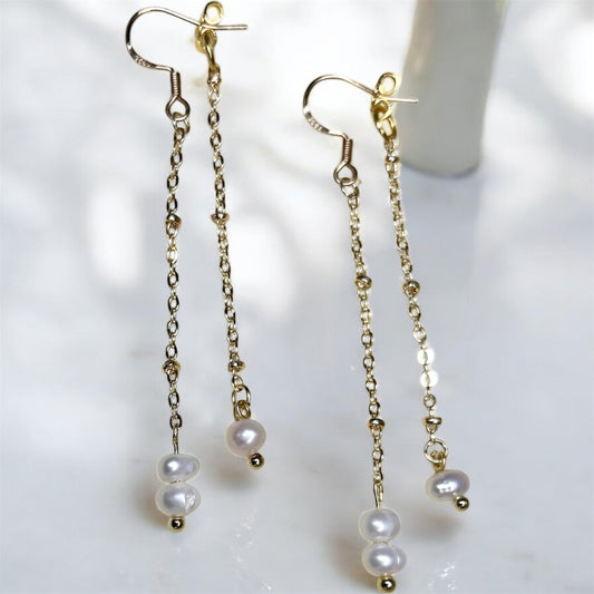 18k gold plated & fresh water pearl double chain drop earrings