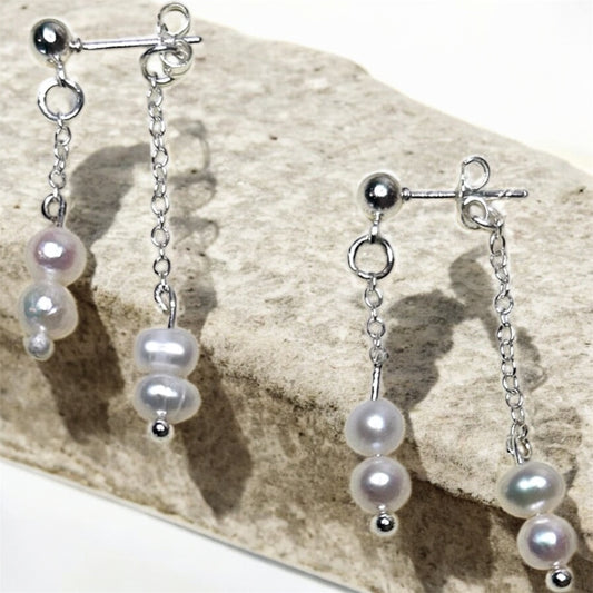 Sterling silver & fresh water pearl double chain drop earrings