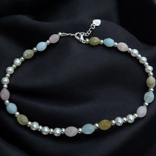Morganite & fresh water pearl 925 anklet